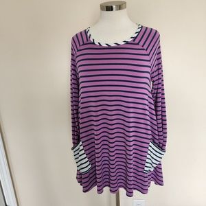 Matilda Jane Size Small Purple Navy Blue Striped Long Sleeve Shirt Tunic Pockets